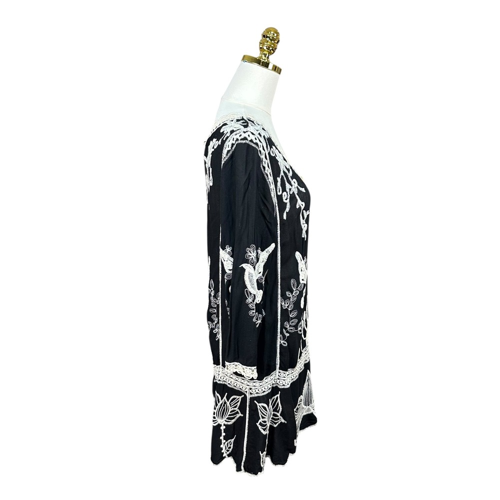 Boho Embroidered Bird Heart Lace Trim V-Neck Tunic Dress Black White 3/4 Sleeve - Picture 5 of 8